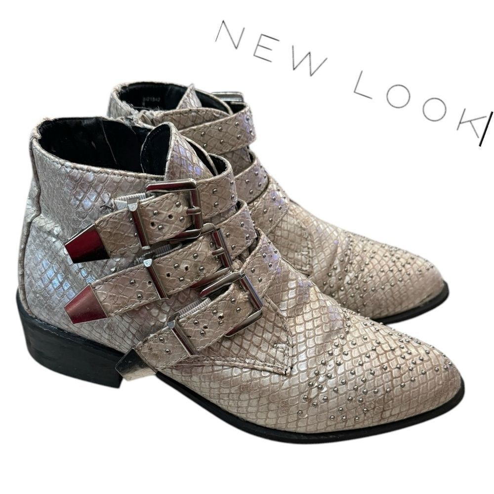 New Look Metallic Croc Triple Buckle Studded Women's Ankle Boots Booties 38 7